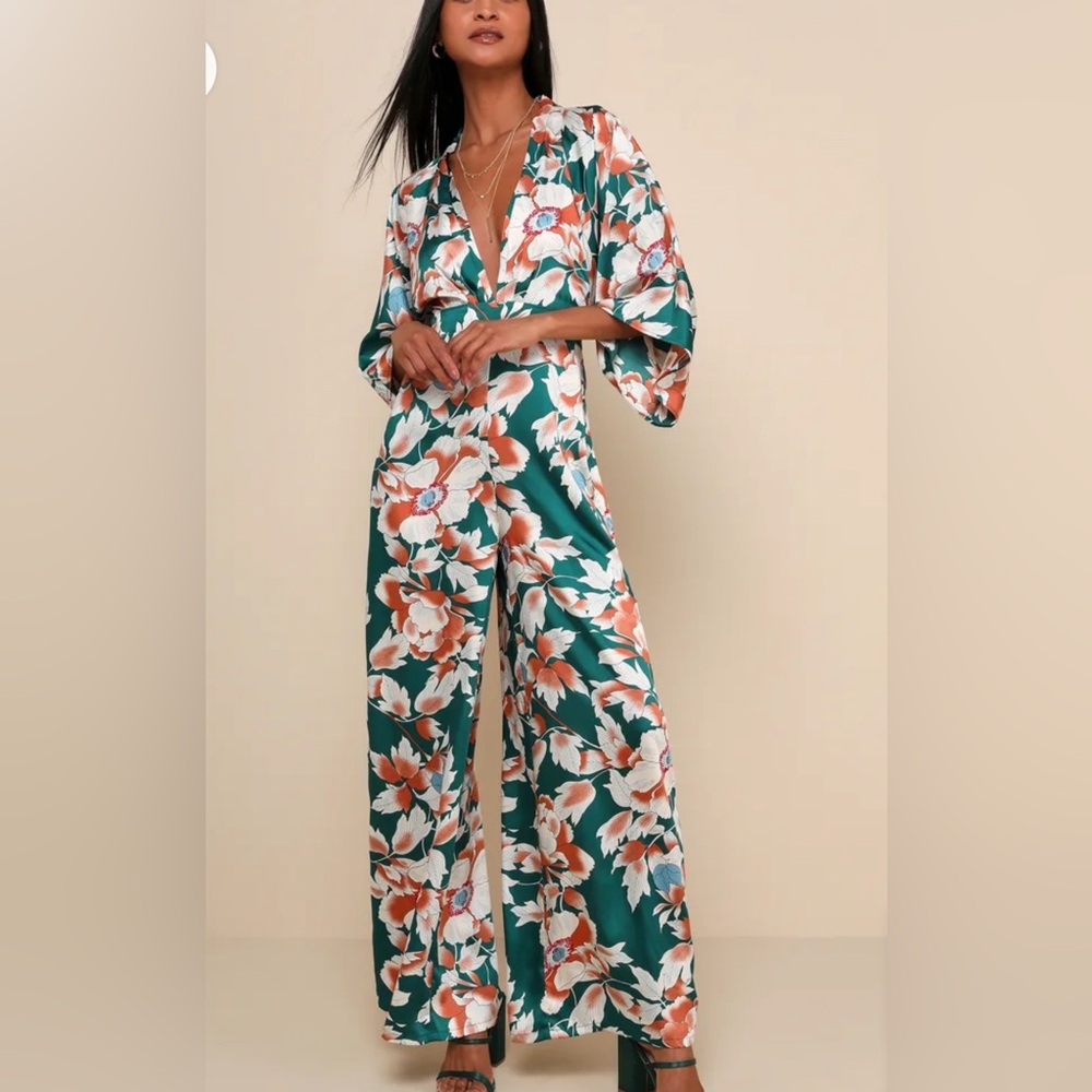 Lulus NWT Teal Floral Print Wide-Leg Jumpsuit * Small
